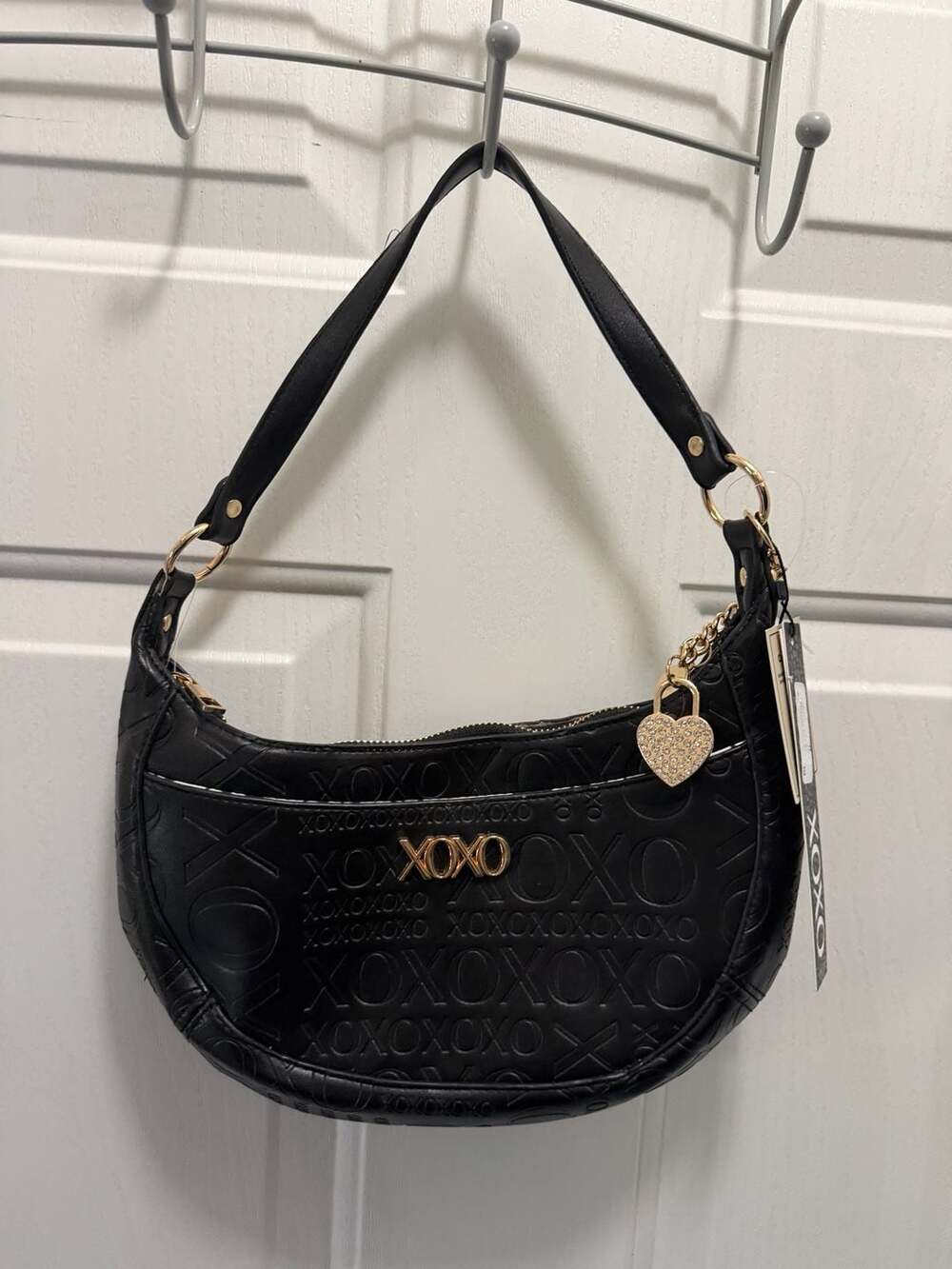 XOXO Black Emblem Embossed Half Moon Shoulder Bag with Rhinestone Heart Charm